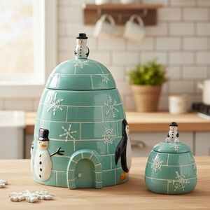 222 Fifth Snowman Penguin Igloo Cookie Jar & Sugar Bowl